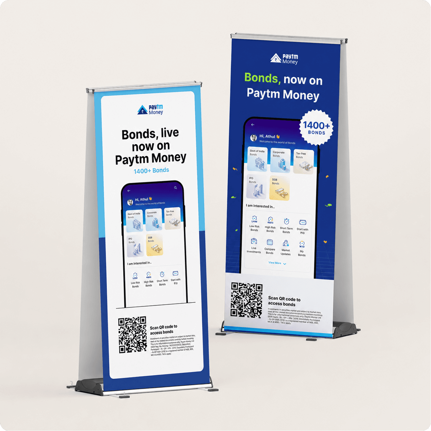 Roll-up standees — Bonds, live now on Paytm Money, with a QR code to access bonds