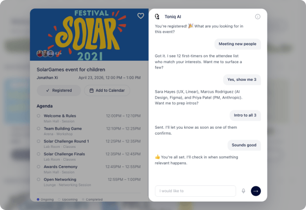 Toniq AI before-event screen capturing attendee intent in natural language