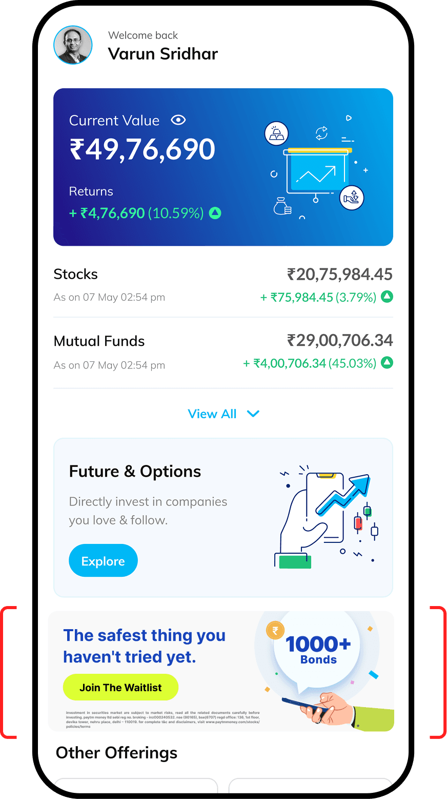The Bonds banner highlighted on the Paytm Money dashboard