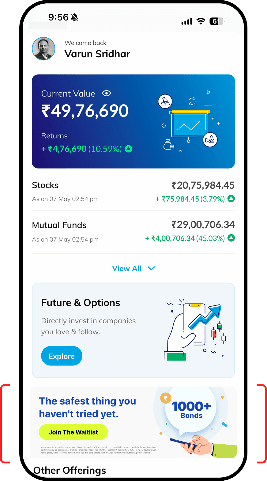 The Bonds banner highlighted on the Paytm Money dashboard