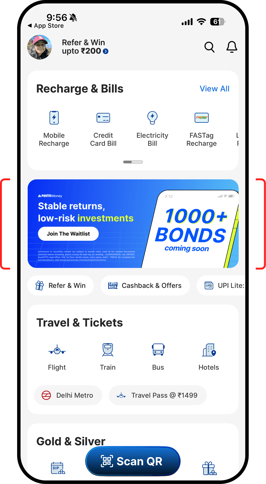 The Bonds banner highlighted in the Paytm app home feed
