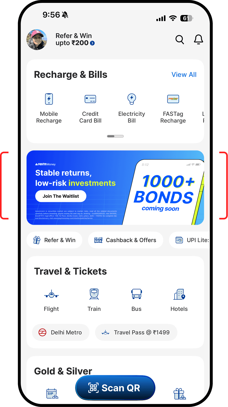 The Bonds banner highlighted in the Paytm app home feed