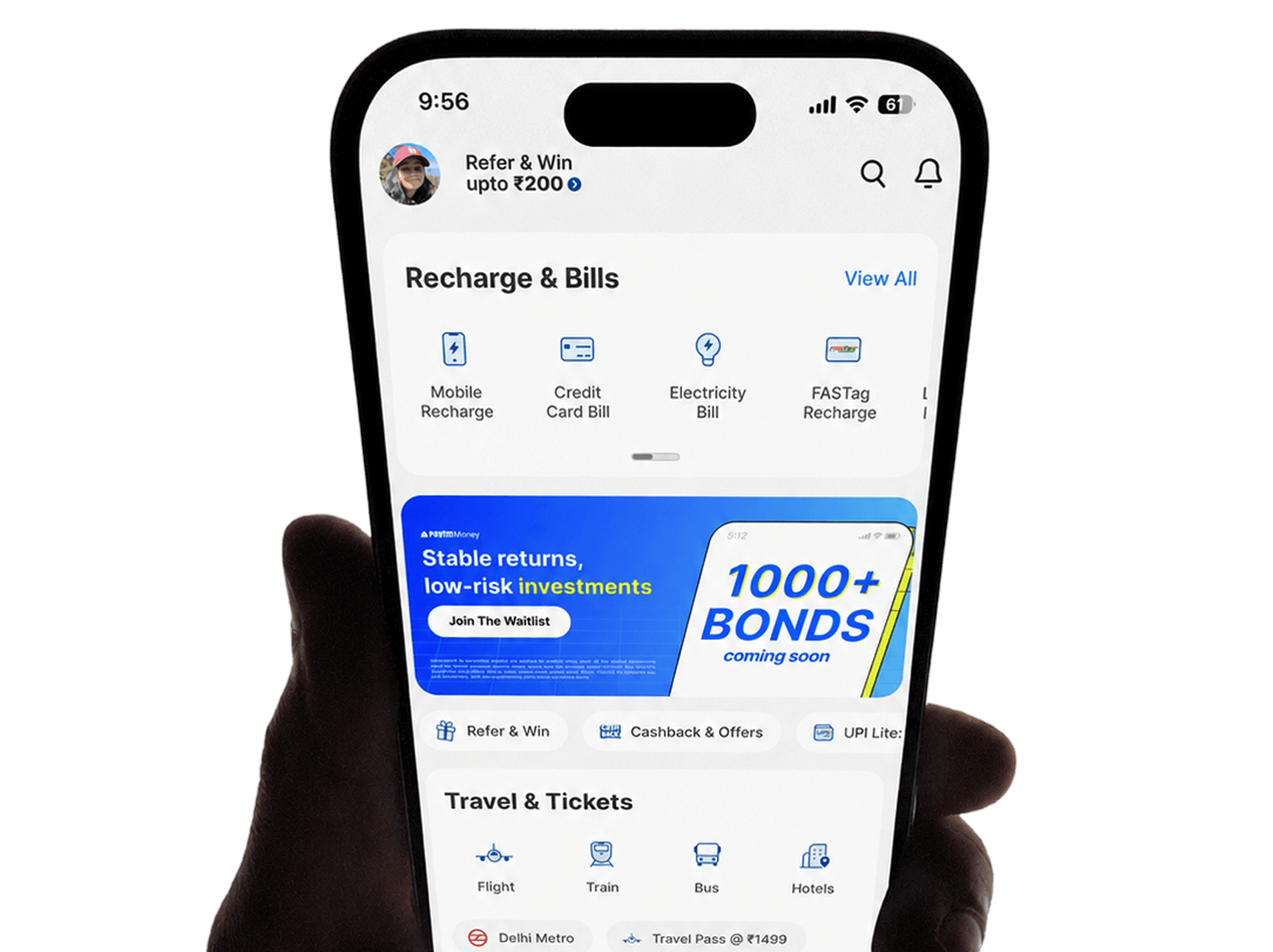 The Bonds launch banner running on the Paytm app home screen, shown on a phone held in one hand