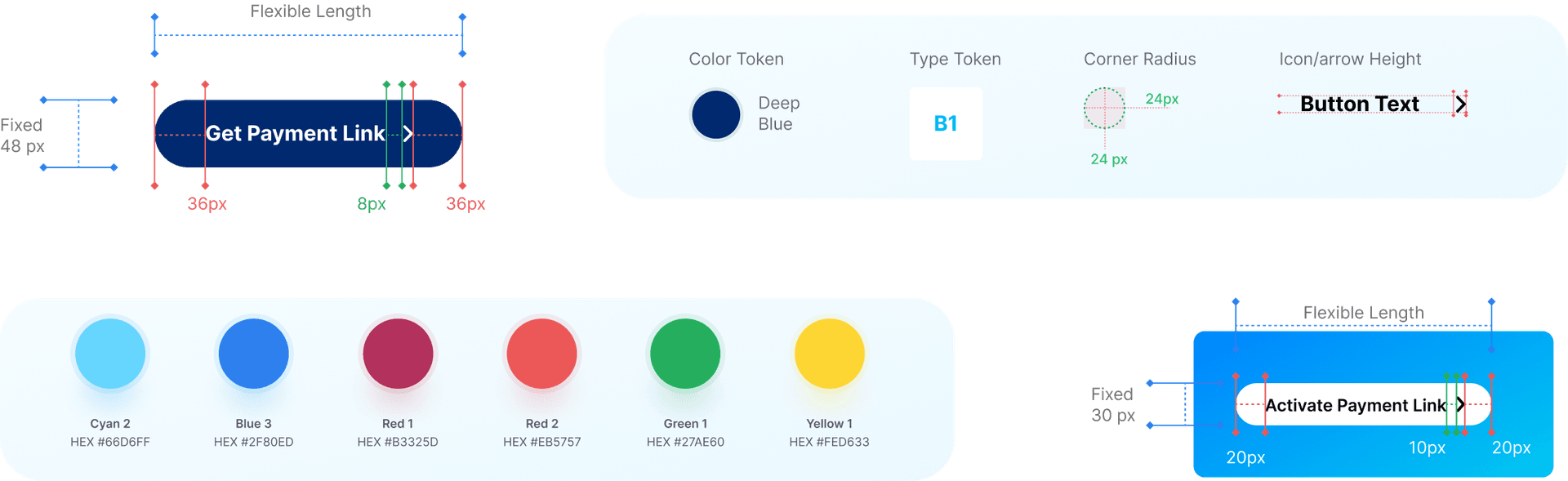 Design system showing button components, color tokens, and spacing guidelines
