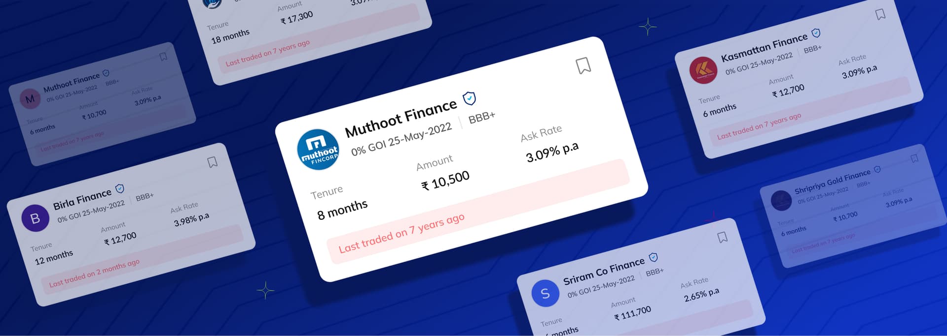Multiple bond cards showing different finance companies with their investment details