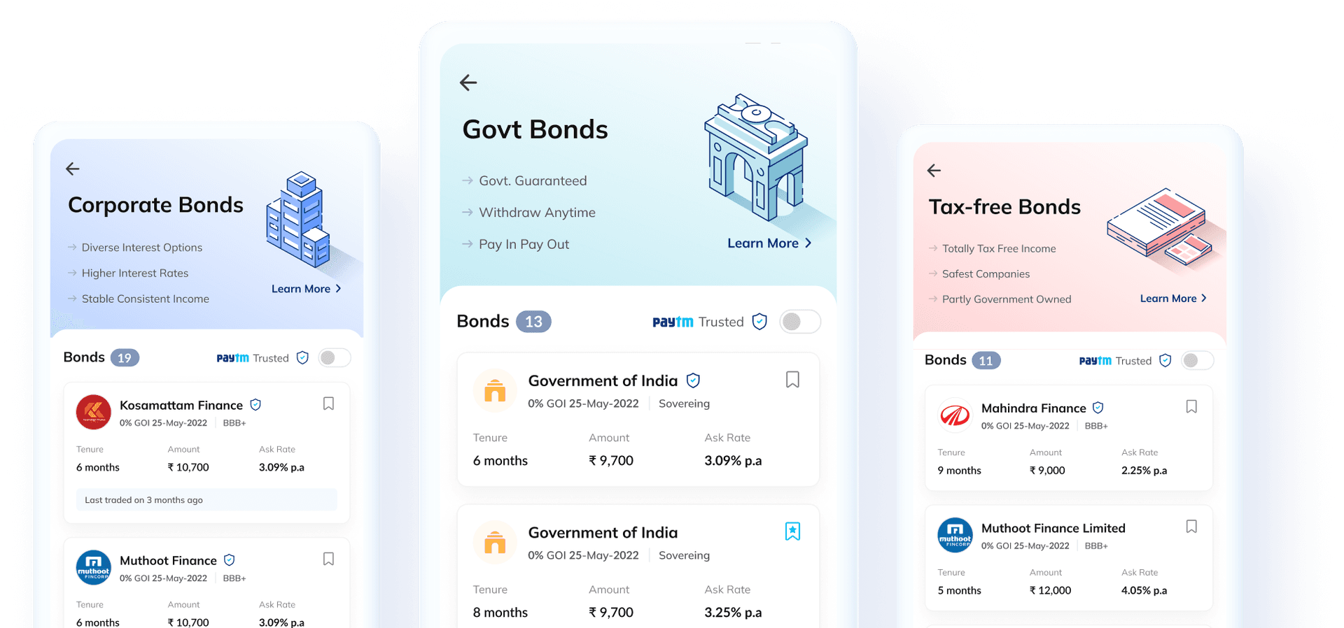 Three mobile screens showing Corporate Bonds, Govt Bonds, and Tax-free Bonds interfaces