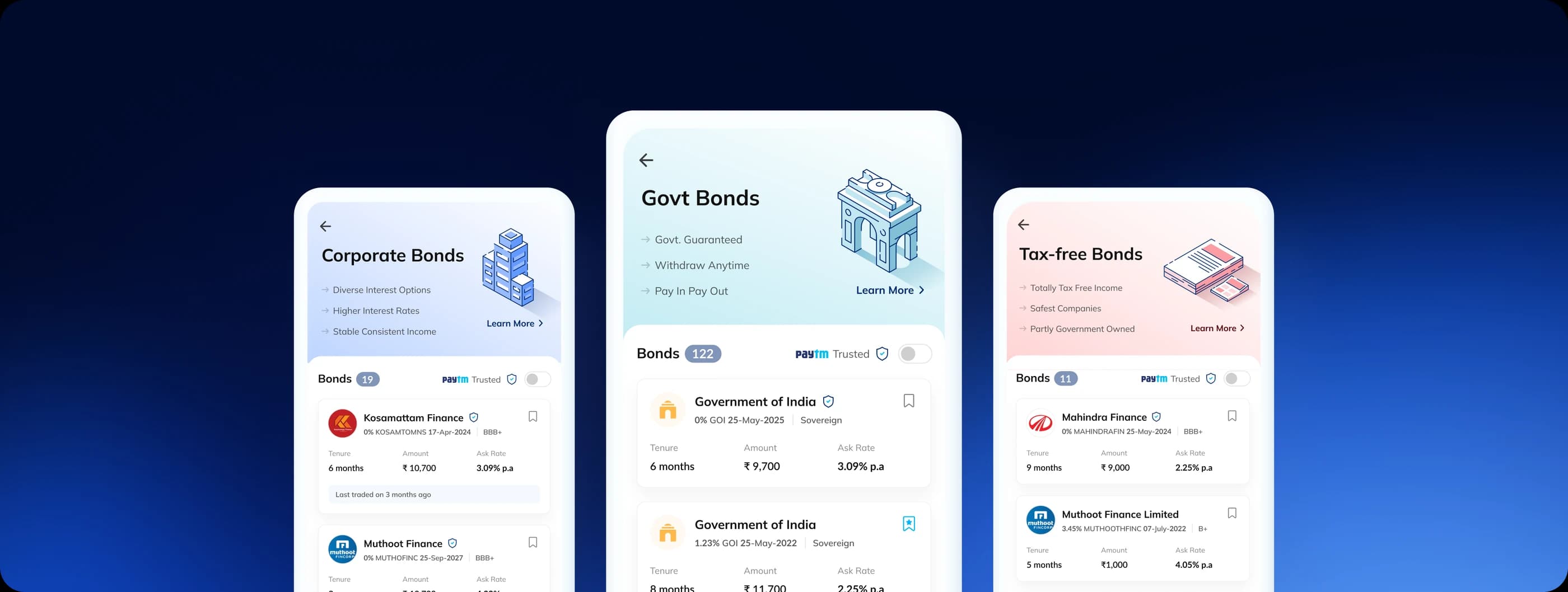 Corporate Bonds, Govt Bonds and Tax-free Bonds screens shown on three phones