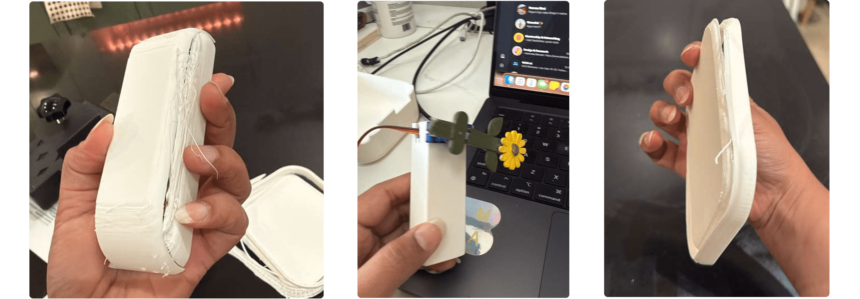 Three industrial design iterations: print supports, fillet fix, and final assembly