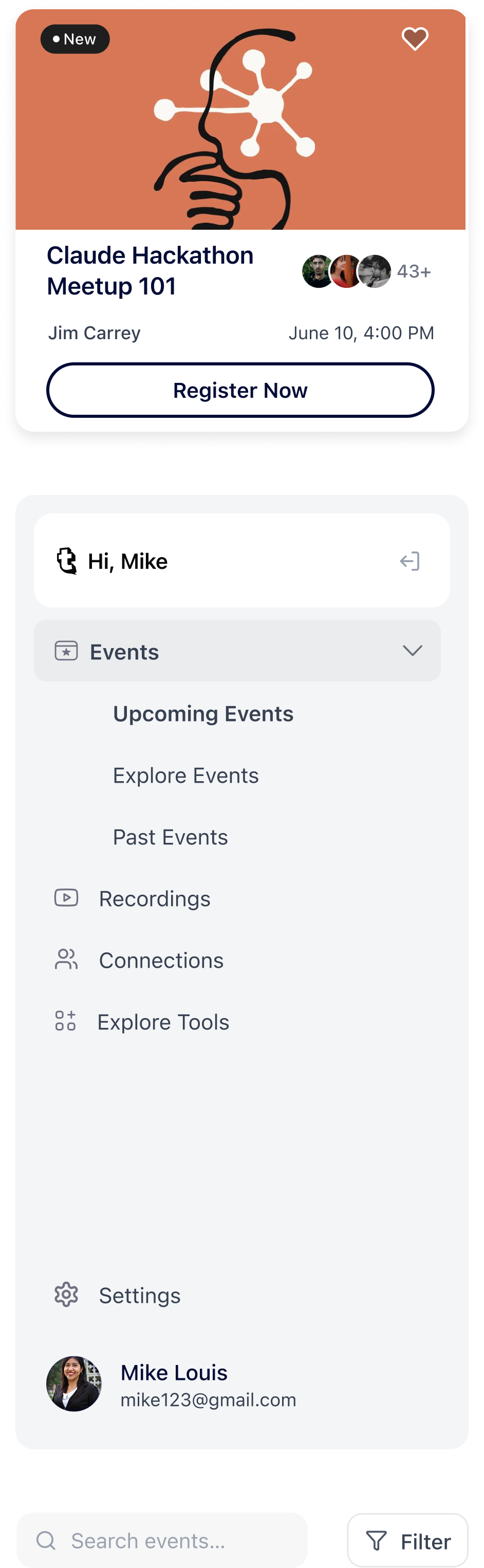 Toniq UI pieces: event card and app sidebar