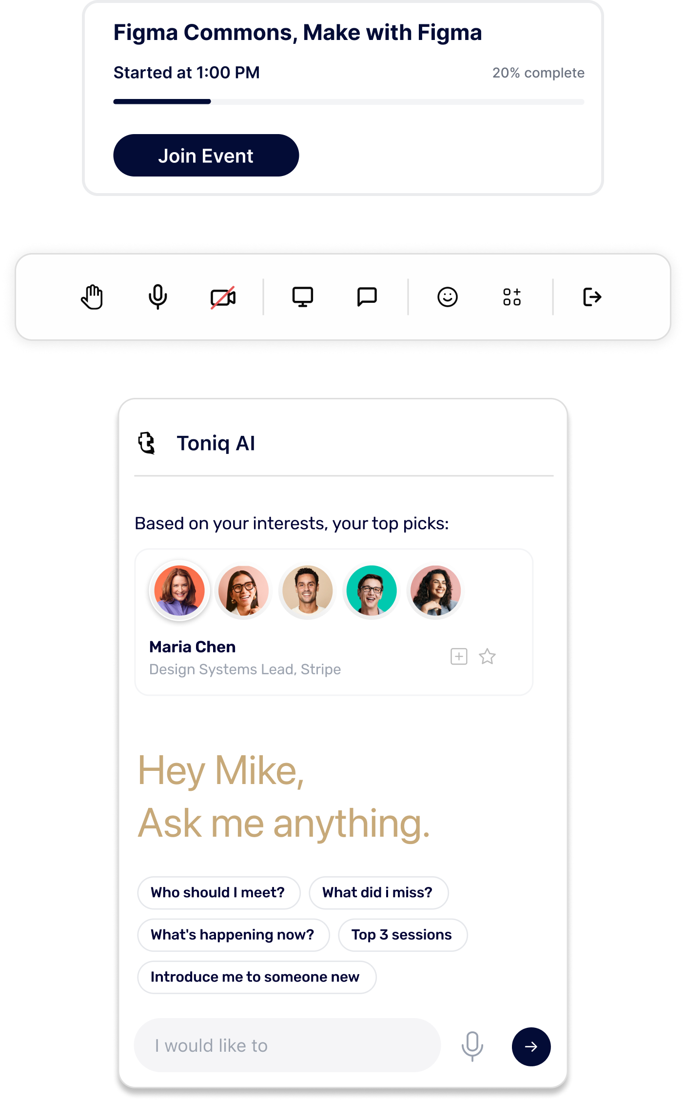 Toniq UI pieces: progress card, toolbar, and AI chat panel